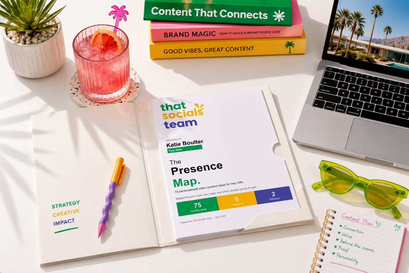 The Presence Map document on a styled desk with books, sunglasses, and a content plan notebook